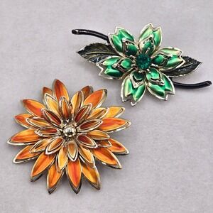 Floral Brooch Lot of 2 Green Orange Botanical Statement Pins Nature